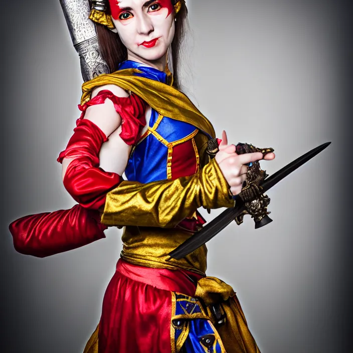 Image similar to full body photograph ofa real - life very beautiful female jester warrior. extremely detailed. dslr. 8 5 mm.