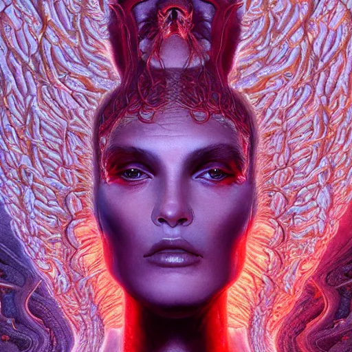 Image similar to A stunning portrait of a goddess, her body made of flames, by Wayne Barlowe, 8K UHD, intricate, fantasy, Trending on artstation.