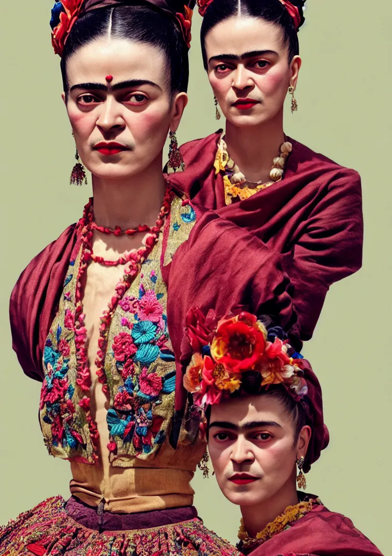 Prompt: cloths on frida khalo style, high detailed intricate fashion clothing, cotton texture, silk colors, ultra realistic, octane render, volumetric lights, long, wide skirts, loose - fitting blouses, elaborate hairstyles, and intricate embroidery