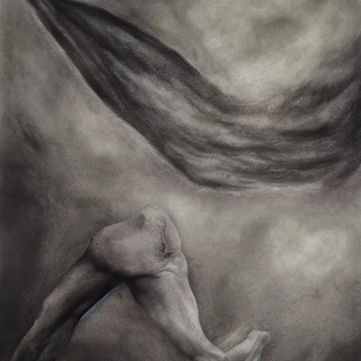 Image similar to the devil being cast down from heaven charcoal and water color masterpiece painting, hyperrealism, 4 k
