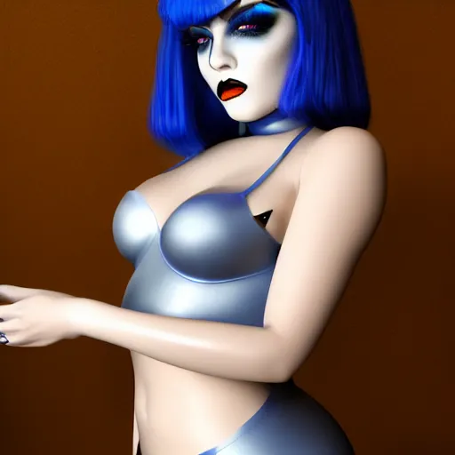 Prompt: a feminine curvy pale hot goth sweetie wearing a royal blue-silver-gold-black latex-nylon high-neck dress, dark eyeshadow, eyelashes, cgsociety, photorealistic, sublime-hyperadvanced-amorous ambience, 16k, smooth, sharp focus, trending on ArtStation, volumetric lighting, fully clothed, thin waist