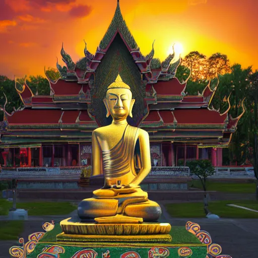Prompt: a beautifully detailed wide angle oil painting of a sitting thai buddha statue in front of a thai temple with a gorgeous sunrise, by kestutis kasparavicius trending on artstation