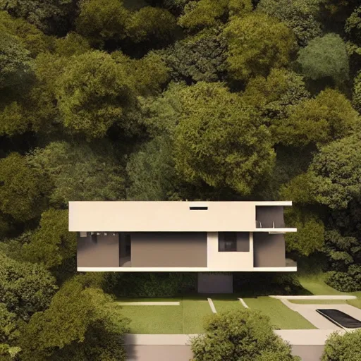 Prompt: modernist beige house built like a rectangular stadium with garden in the middle, on a hill surrounded by big trees, dramatic lighting, artstation, matte painting, raphael lacoste, simon stalenhag, frank lloyd wright, drone view