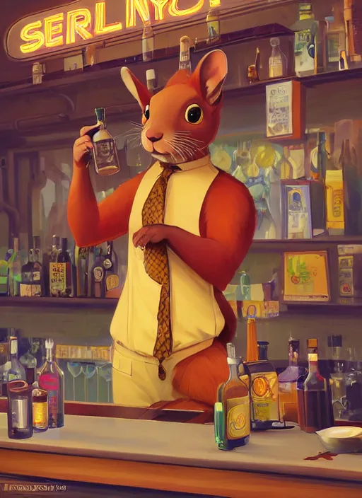 Prompt: squirrel anthro as a dapper bartender with a big, fluffy tail, retro futurism, art deco, detailed, painterly digital art by WLOP and Cory Loftis and Victor Nizovtsev, 🐿🍸🍋, furaffinity, trending on artstation