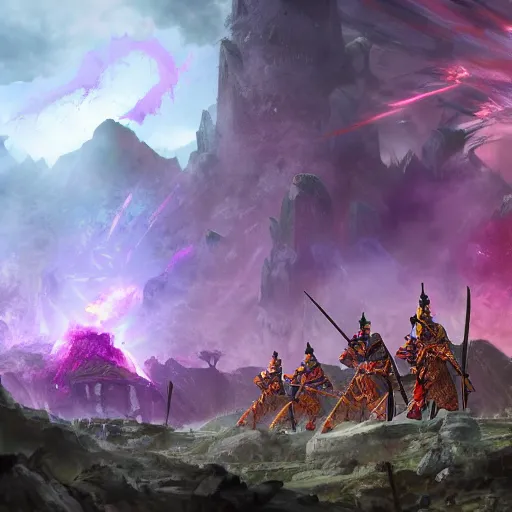 Image similar to an army of samurai standing in the ruins of crux prime, destroyed monastery in the background, purple fiery maelstrom in the distance, digital art, artstationhq