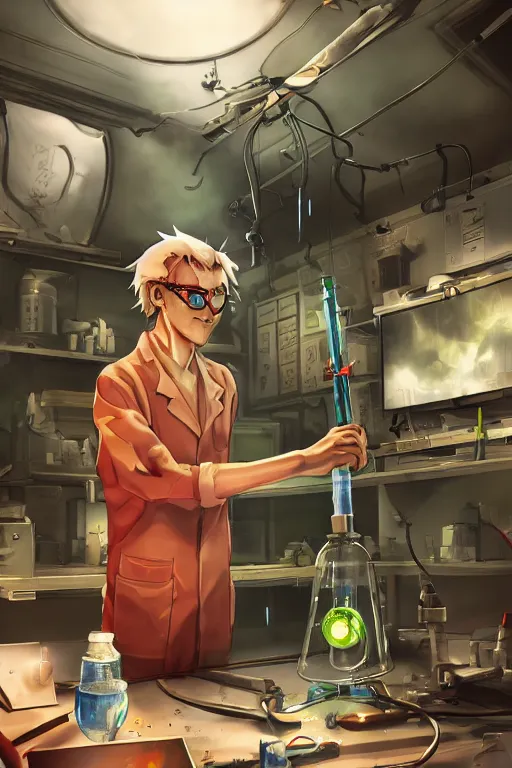Prompt: a mad scientist mixing dangerous radioactive chemicals on a laboratory, wlop, trending on artstation, deviantart, anime key visual, official media, professional art, 8 k uhd