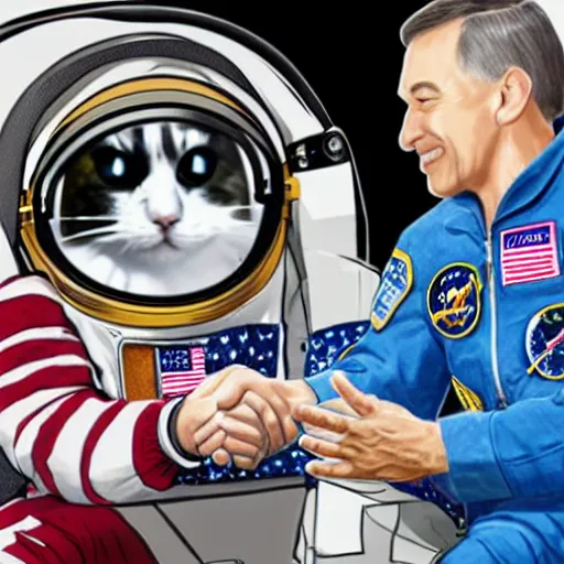 Prompt: astronaut cat shaking hands with the president