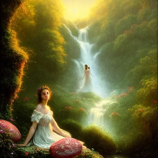 Prompt: highly detailed, an elegant fairy in a white lace dress sitting a in a enchanted scenery landscape, vast lush valley flowers and mushroom, waterfall, stream, sunrise, vivid color, soft clouds, cinematic lighting, perfect composition, 8 k, gustave dore, derek zabrocki, greg rutkowski, belsinski,