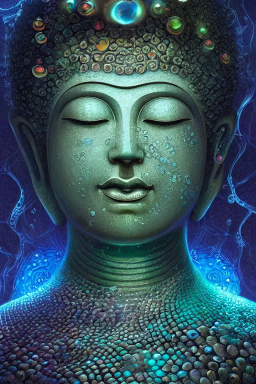 Image similar to a stunning ultra detailed underwater fantasy closeup photo of a buddha head granite statue surrounded by bioluminescent jelly fishes, by tomasz alen kopera and tom bagshaw, water bubbles, very detailed, deep depth of field, 8 5 mm lens, soft lighting, artstation, highly coherent, 8 k