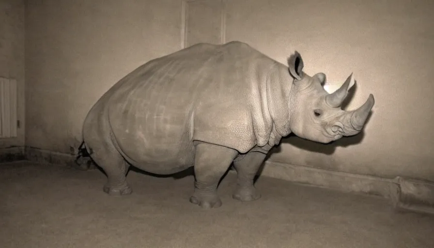 Prompt: a rhinoceros in a stalinist style room, by mini dv camera, very very low quality, heavy grain, very blurry, accidental flash, caught on trail cam