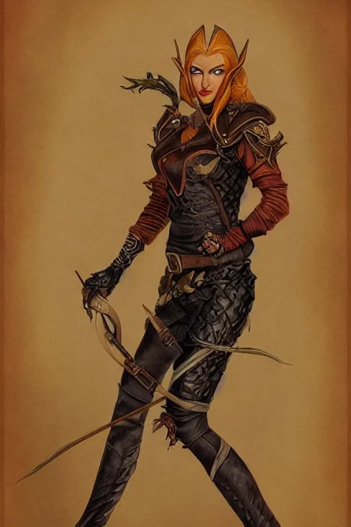 Image similar to Portrait of a beautiful female Half-Elf Rogue in high heeled leather boots, extremely detailed fantasy art in the style of Gerald Brom