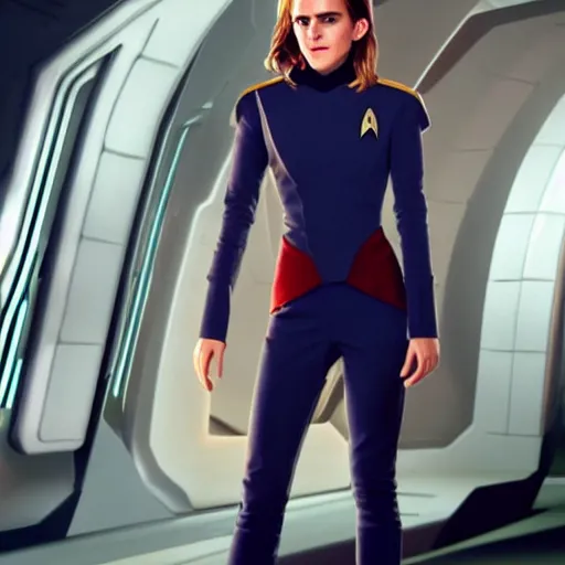 Image similar to a full body portrait of emma watson as a star fleet officer from star trek next generation, ultra rendered extreme realism and detail, 8 k, highly detailed, realistic, completely framed, hyper realistic, colorful, direct lighting, 3 5 mm photo, photorealistic, sharp focus