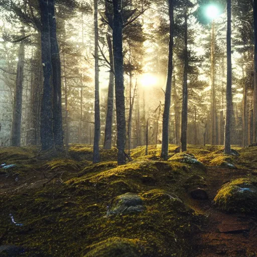 Image similar to bright nordic forest, sparkling spirits, detailed wide shot, wireframe, ground detailed, wet eyes reflecting into eyes reflecting into infinity, beautiful lighting