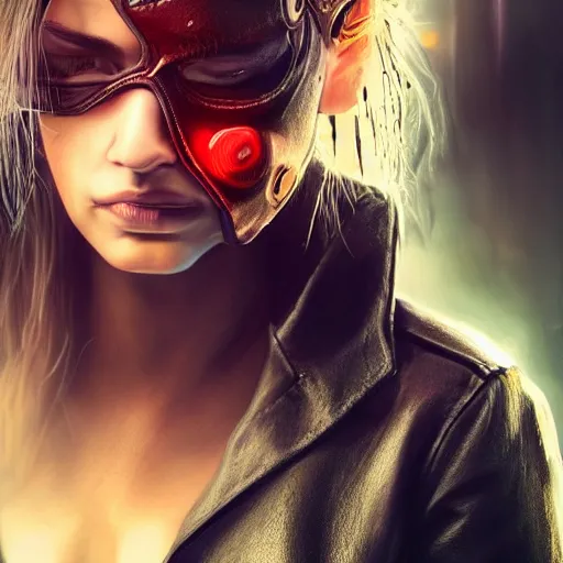 Prompt: closeup portrait of an angry woman looking at the camera and wearing a mask in the style of stefan kostic, realistic, cyberpunk, leather jacket, mask, nighttime, rain storm, body shot, sharp focus, 8 k high definition, insanely detailed, intricate, elegant, art by stanley lau and artgerm, floating embers