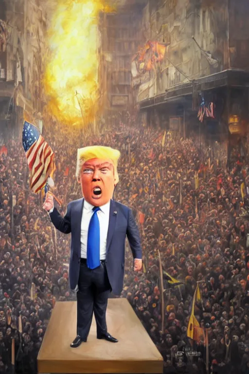 Image similar to trump with blond hair as a minion standing in front of a riot, oil on canvas, intricate, portrait, 8 k highly professionally detailed, hdr, cgsociety