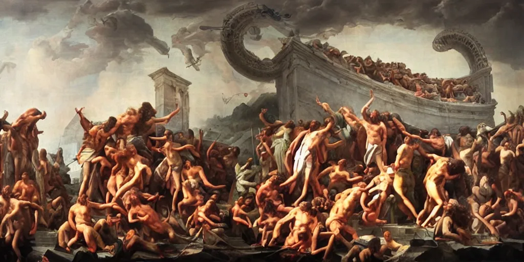 Prompt: a mix between the raft of the medusa and the school of athens, matte painting, oil canvas, photorealistic illustration, extreme detail, hyper realistic, highly detailed, digital art