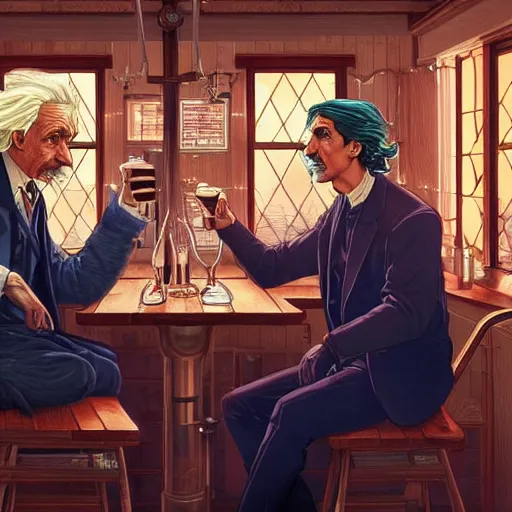 Image similar to Full colour render of albert einstein and nikola tesla drinking convivially in a cosy bierhall. 4K award winning photorealistic concept art. smooth, sharp focus, illustration, cyberpunk, dystopian by artgerm and moebius and alphonse mucha.