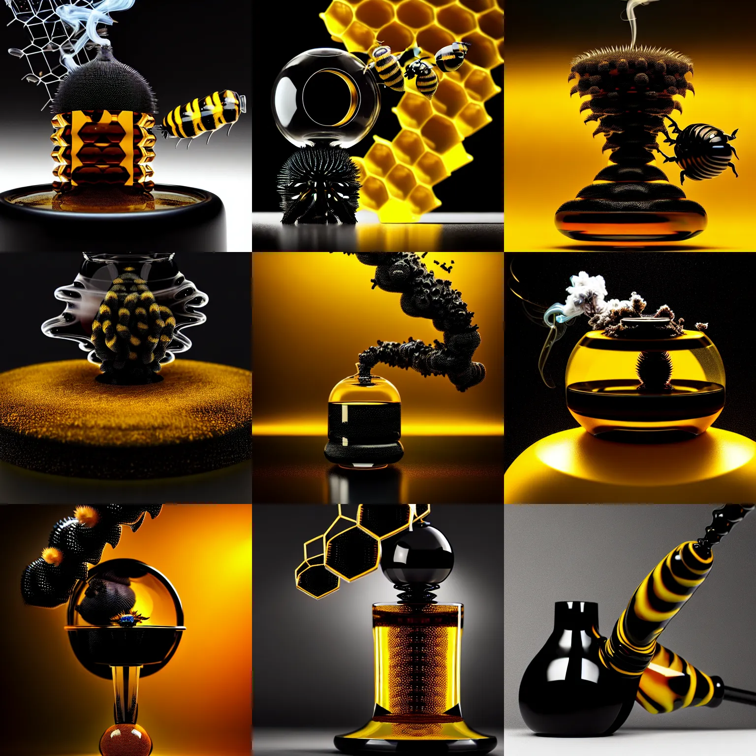 Prompt: smoke | ferrofluid galactic obsidian biotech cyborg bumblebee quantum bonsai honey bong | polished decadent elegant smooth, weta disney movie still photo, hi - fructose, sci fi fantasy, golden ratio, octane render, sharp focus, artstation, concept art | dyson, feng zhu, rutkowski, beeple