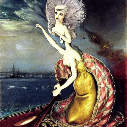 Prompt: Marie Antoinette hovering over the waters. By El Greco, Remedios Varo, Salvador Dali, Carl Gustav Carus, John Atkinson Grimshaw.