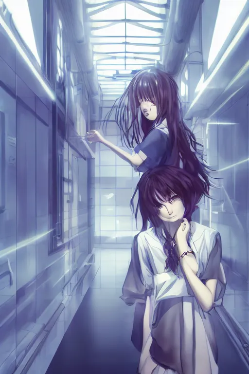 Image similar to Digital anime art by WLOP and Mobius, The hallway of a science complex, escaping test subject, a girl with dangerous psychic glow, wearing hospital gown, chains on wrists, angry expression, highly detailed, intriguing lighting