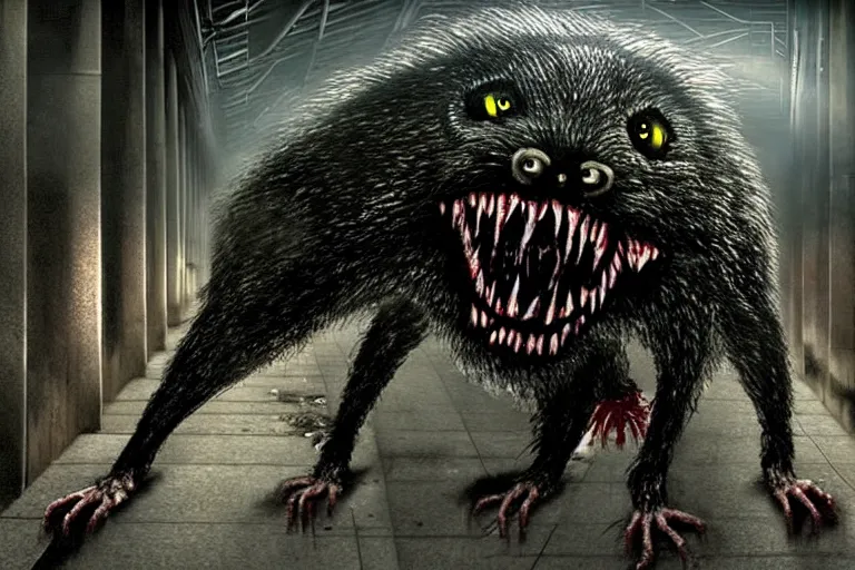 Image similar to very large giant mutant zombie irradiated ( angry rat ) staying on railways in tonnel of moscow subway. tonnel, railways, giant angry rat, furr, fangs, claws, very realistic. fog, extreme long shot, herman nitsch, giger.