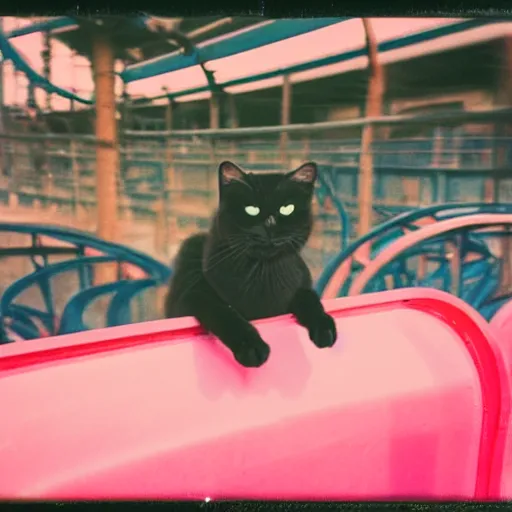 Image similar to black cat on a rollercoaster. the cat is enjoying the ride. sunlight. polaroid photo. saturated colors.