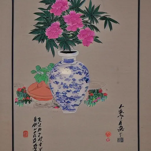 Prompt: amongst the flowers is a pot of wine, i pour alone but with no friend at hand, chinese painting