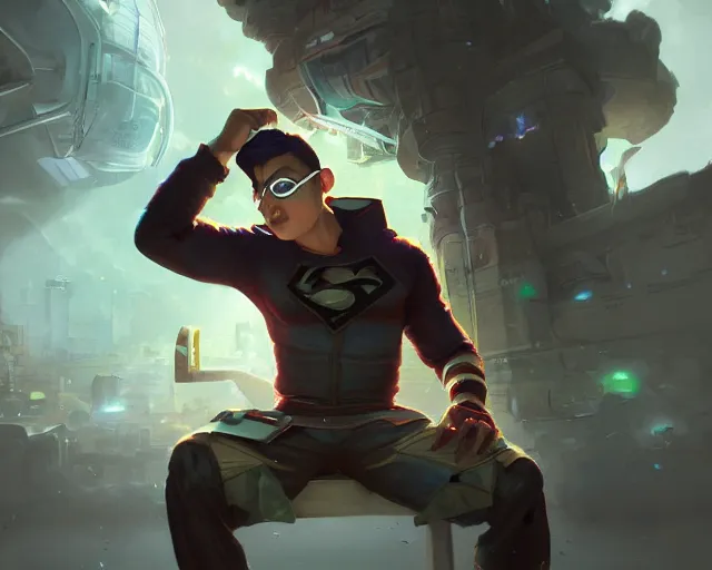 Image similar to an insanely detailed painting of a nerdy asian man wearing a superhero costume, sitting at a desk, staring at the nervously at the computer and typing, in the style of peter mohrbacher, dramatic lighting and composition, octane render, pixar, trending on artstation, concept art, comic book, view from behind