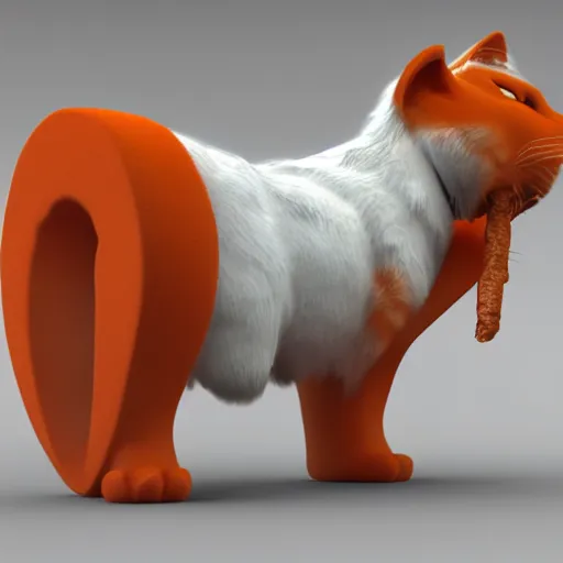 Image similar to big tabby cat with white paws biting a carrot 3d render