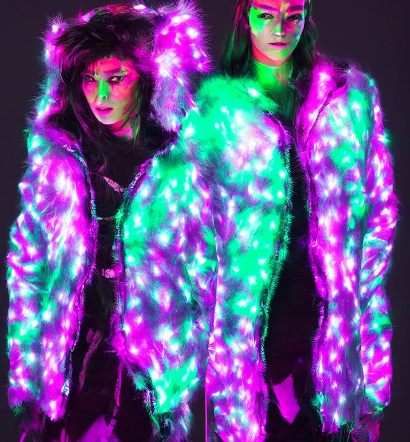 Image similar to autumn season rave jacket with led skin and fluffy lining in the style of cyberdog, futuristic psychedelic hippy, product shot, dark background, neon lighting