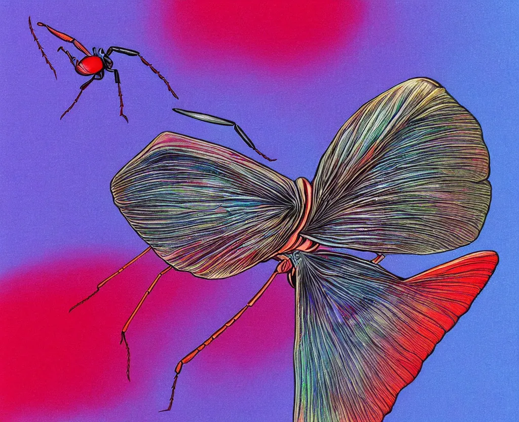 Image similar to beautiful matte airbrush of a fantasy bug insect wing on a white background, inspired by 8 0's airbrush illustrations, purple red and blue color palette, art by pater sato