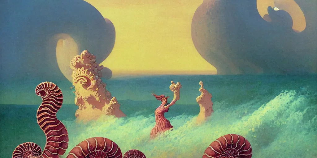 Image similar to the ammonite sorceress clad in coral armor exacts revenge on the child's sand castle send wondrous waves of destruction onto the irreverent land by kawase hasui, dorothea tanning, moebius, edward hopper and james gilleard, aivazovsky, zdzislaw beksinski, steven outram colorful flat surreal design