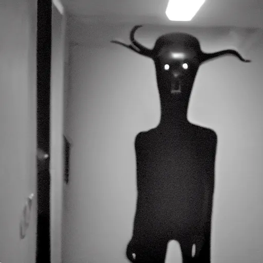 Image similar to a flash photo of creepy wendigo with an unnatural smile standing in a vantablack hallway from the horror movie rec, shaky camera, it is deformed and is staring at the camera from the end of a dark liminal hallway. caught on vhs, film grain, national geographic award winning photography,