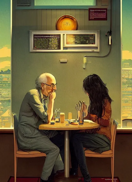 Image similar to poster artwork by Michael Whelan and Tomer Hanuka, Karol Bak of Larry David!!!!!! sitting alone in an empty diner at night, no one around, deserted, from scene from Twin Peaks, clean, simple illustration, nostalgic, domestic, full of details