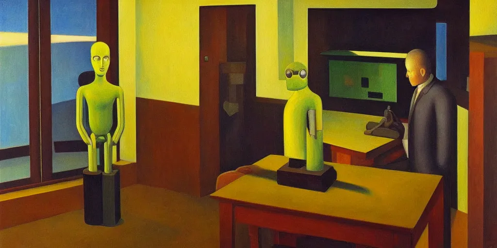 Image similar to super - intelligent robot with kind eyes portrait, grant wood, pj crook, edward hopper, oil on canvas