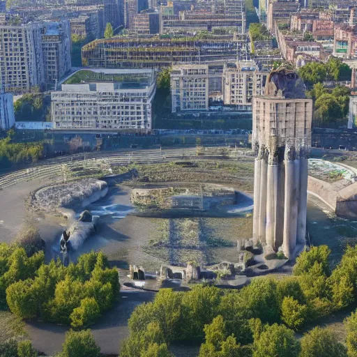 Prompt: aerial view of brutalist monument ( ( ( ( park ) ) ) ) spomenik, ( ( railings ) ), photo, 4 k