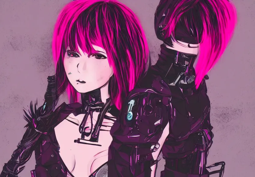 Prompt: little android girl with eccentric pink haircut wearing black feather dress, cyberpunk, anime style artwork, dark, neon, anatomically perfect