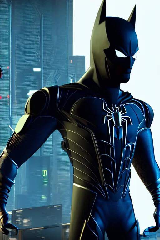 Image similar to futuristic portrait art of an armored cyberpunk batman x spiderman, futuristic style batman x spiderman, cyberpunk, game screenshot from cyberpunk 2 0 7 7