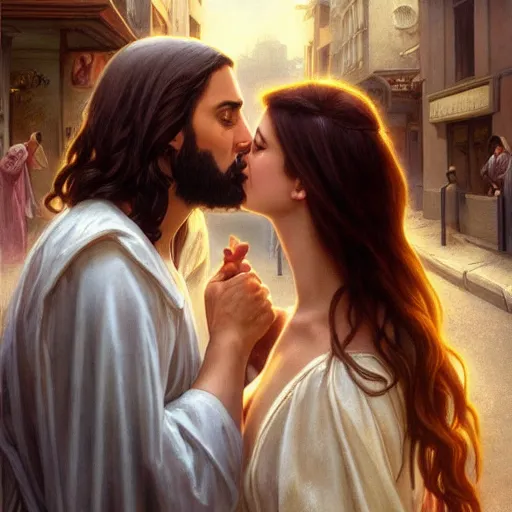 Image similar to jesus kissing a woman in a street, elegant, highly detailed, digital painting, artstation, concept art, matte, sharp focus, highly detailed, 4 k, hdr, smooth, sharp focus, high resolution, award - winning photo, photorealistic, art by artgerm and greg rutkowski and alphonse mucha, large shot