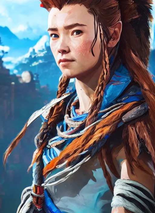 Image similar to very detailed concept art portrait of aloy from horizon zero dawn, detailed, sharp