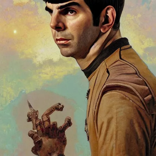 Image similar to portrait of ZACHARY QUINTO SPOCK as a greek statue, (SFW) safe for work, photo realistic illustration by greg rutkowski, thomas kindkade, alphonse mucha, loish, norman rockwell