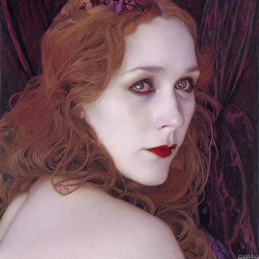 Image similar to portrait of a lady vampire, 35mm, 1920', depth of field, ominous, sharp, photorealistic, realistic, 8k, deviantart, donato giancola, irwin penn, Alphonse Mucha