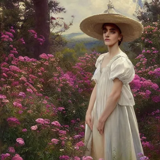 Prompt: full body fashion model emma watson by Jeremy Lipking by Hasui Kawase by Richard Schmid (((smokey eyes makeup eye shadow fantasy, glow, shimmer as victorian woman in a long white frilly lace dress and a large white hat having tea in a sunroom filled with flowers, roses and lush fern flowers ,intricate, night, highly detailed, dramatic lighting))) , high quality