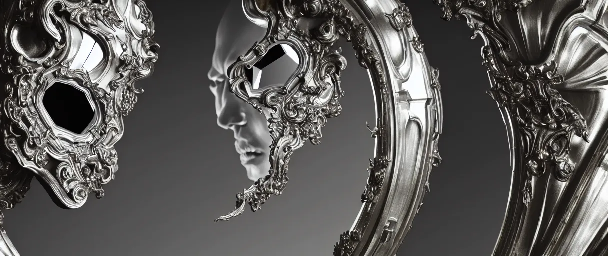 Image similar to hyperrealist highly detailed neo-baroque portrait of high fashion monster demon wearing reflective mirror mirrored reflection armor, concept art pascal blanche dramatic studio lighting 8k wide angle shallow depth of field