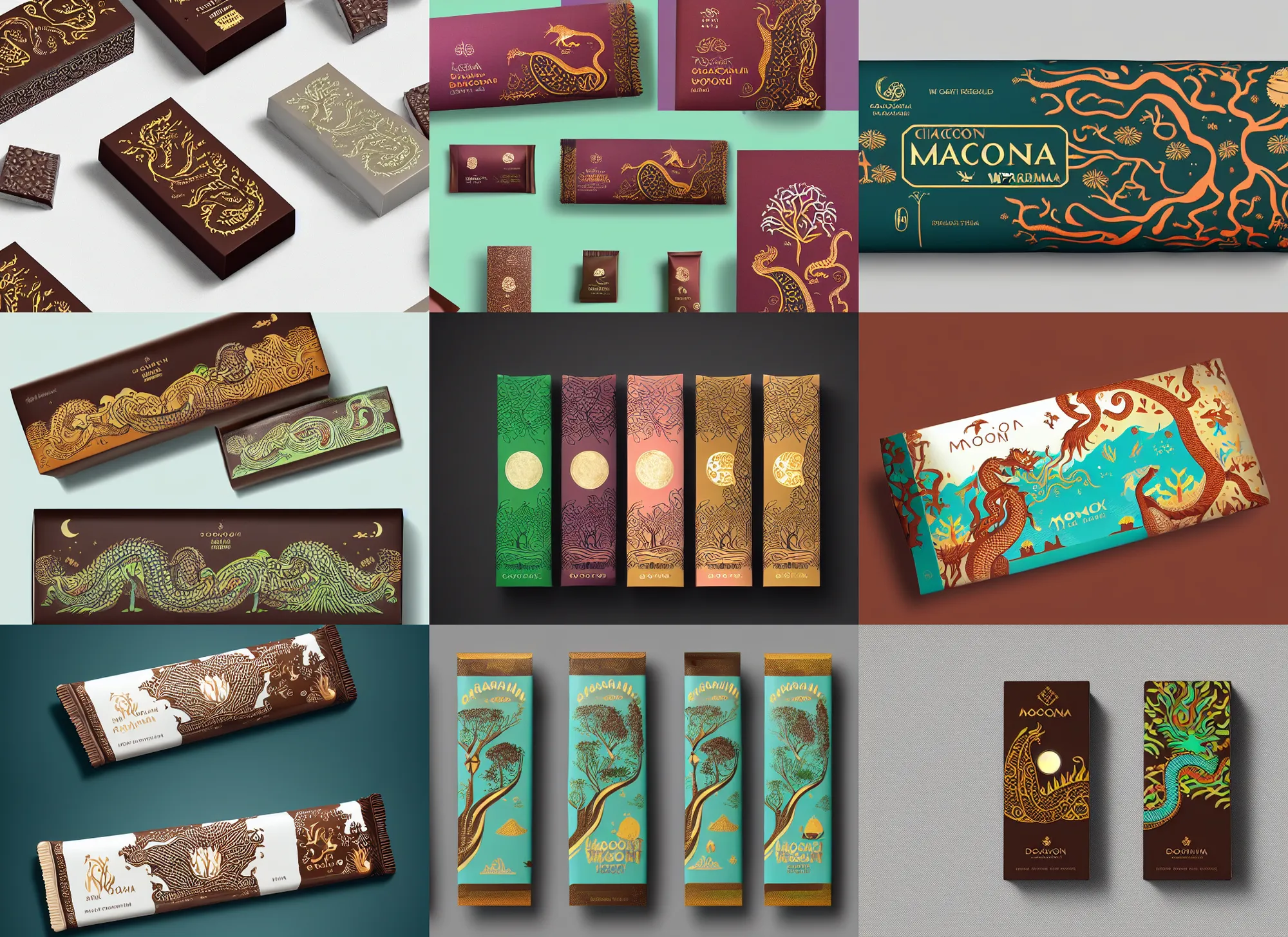 Prompt: conceptual designer chocolate bar packaging, inspired by moonlit socotra island with dragon trees, midsommar color theme, kerala motifs, label design, behance, pinterest, packaging of the world, award, front label, packaging design, octane render
