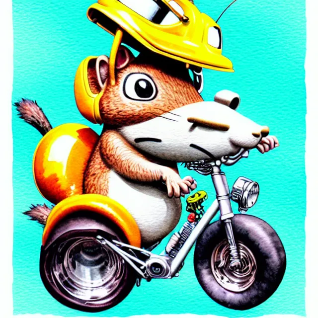 Image similar to cute and funny, squirrel wearing a helmet riding in a hot rod with oversized engine, ratfink style by ed roth, centered award winning watercolor pen illustration, isometric illustration by chihiro iwasaki, edited by range murata, tiny details by artgerm and watercolor girl, symmetrically isometrically centered, sharply focused