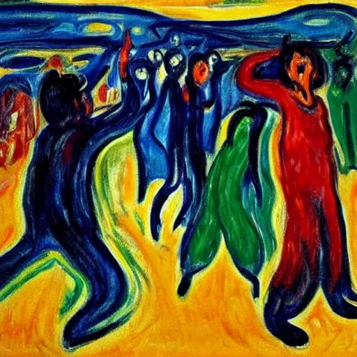 Image similar to insane dances around the campfire, oil painting expressionism edvard munch