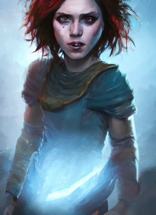 Image similar to an epic fantasy comic book style portrait painting of a girl with short straggly hair, low lethargic insouciance voice with a drawl wearing a ragged dress, unreal 5, daz, hyperrealistic, octane render, cosplay, rpg portrait, dynamic lighting