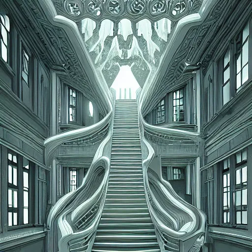 Image similar to a flood of slime in a bright white hallway with many doors and many stairs, Mc Escher architecture, epic composition, cgsociety, hyperdetailed, 8k