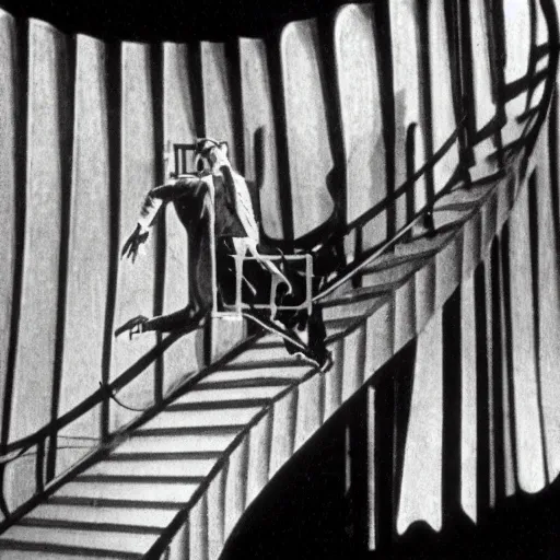 Prompt: Still of a remake of Dr. Caligari as a musical comedy starring Gene Kelly. Large Broadway set with a staircase. Expressionist angle. Technicolor, cinematic